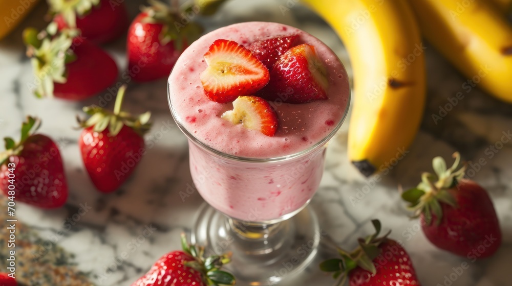 Poster a close up of a smoothie with strawberries on a table with bananas and strawberries on the table.