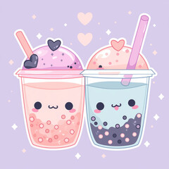 Boba tea best friends, cute kawaii boba tea clipart, boba tea vector digital art