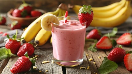  a smoothie with strawberries, bananas, and a banana on a table next to a bowl of strawberries.