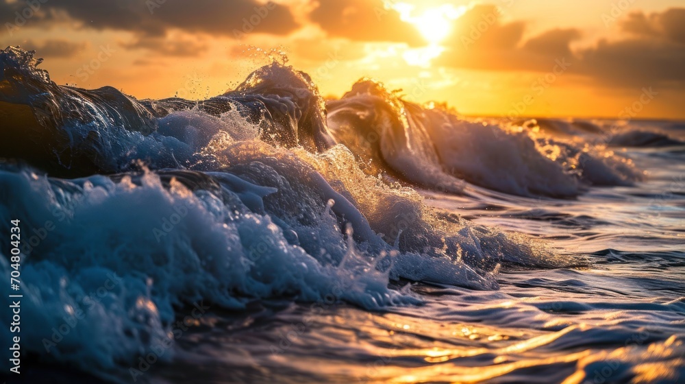 Poster the sun is setting over the ocean with the waves in the foreground and the clouds in the sky in the 