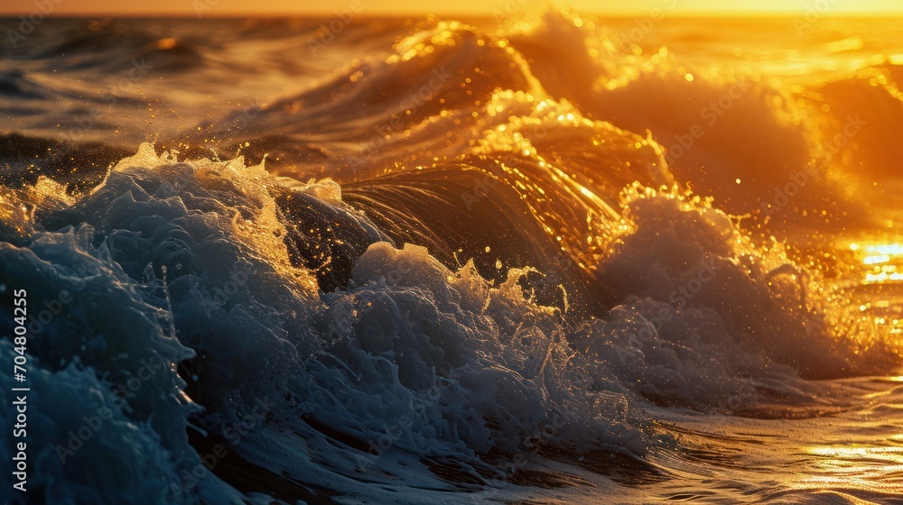 Aufkleber a close up of a wave in the ocean with the sun setting in the background and the sun shining on the 