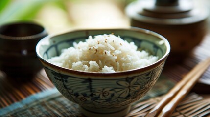  a close up of a bowl of rice on a table with chopsticks and a bottle in the background.