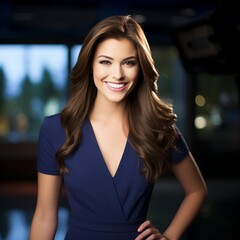 portrait of a young caucasian female news anchor smiling - obrazy, fototapety, plakaty
