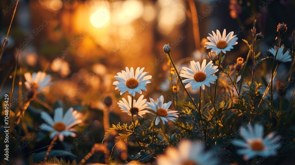 Poster a bunch of daisies in a field with the sun shining through the trees and behind them is a field of g