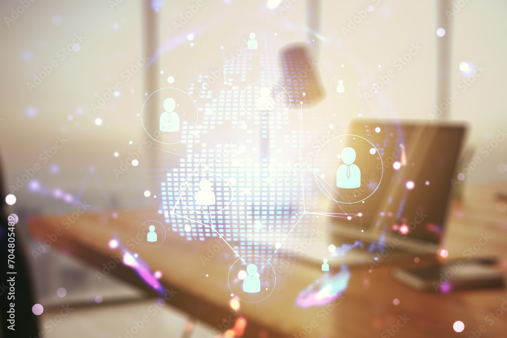 Poster social network media concept with world map and modern computer on background. double exposure