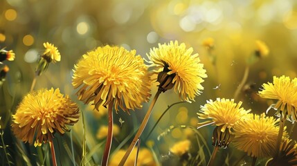 Naklejka premium a bunch of yellow dandelions in a field of grass with sunlight shining through the leaves of the dandelions.
