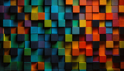 Geometryczne tło z kolorowych kwadratów, ściana, wygłuszenie, dekoracja, genrative ai