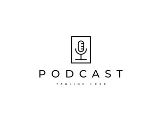 Obraz premium minimal microphone with a square line logo design. podcast, music, comedy, radio logo.