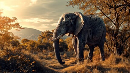 Fototapeta premium an elephant with tusks standing on a dirt path in a field with trees and mountains in the background.