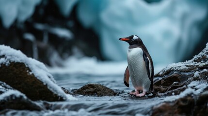  a penguin standing on a rock in a stream with a waterfall in the background and snow covered rocks in the foreground.