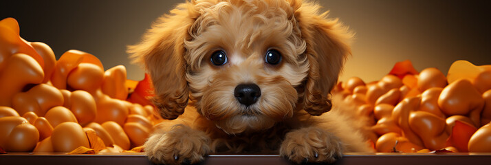 Closeup of toy poodle dog on a blurred orange background.Animal wide web banner