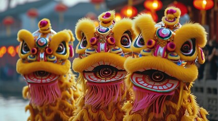 A Chinese traditional costumes with lion dancers. Generative AI.