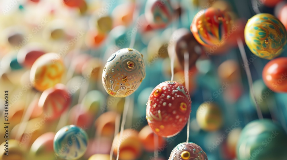Poster a close up of a bunch of balls on a string with a background of other balls in the air and on the gr