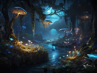 Fototapeta na wymiar Enchanting Pandora night. Bioluminescent forest with glowing plants, creatures, woodsprites. Serene scene evoking an otherworldly landscape.