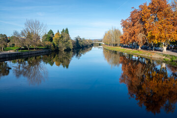 Tamega river in the city of Chaves on an Autumn day. Tras-os-montes, Portugal