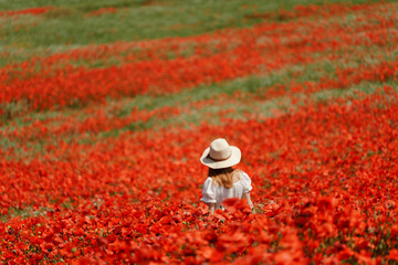 Field poppies woman. Happy woman in a white dress and hat stand with her back a blooming field of...