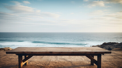 Fototapeta na wymiar Relaxing by blue sea. Coastal escape. Wooden table with ocean view.