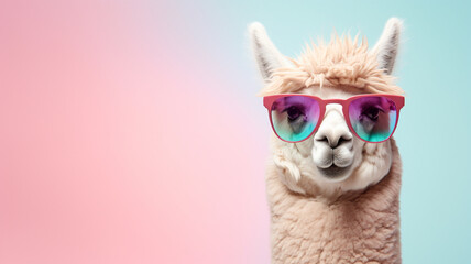 Portrait of stylish lama wearing sunglasses