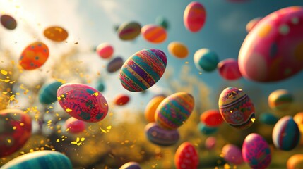  a bunch of colorful easter eggs flying in the air with a blue sky in the background and yellow grass in the foreground.