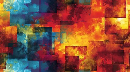  a multicolored abstract painting of squares and rectangles in red, yellow, blue, and orange.