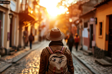 A male traveler, viewed from behind, strolling through the historical streets of a city. Captures the essence of vacation travel.