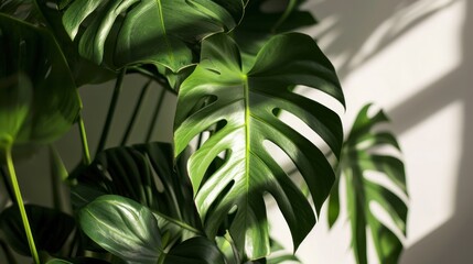 a close up of a large green plant in a room with a light coming through the window on the wall.