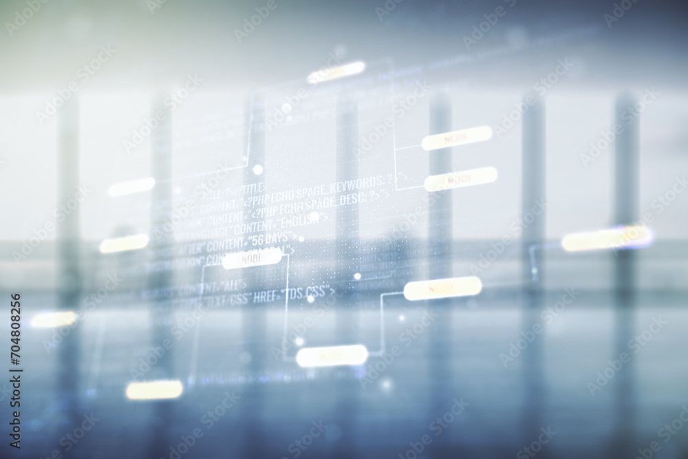 Aufkleber Multi exposure of abstract software development hologram on empty modern office background, research and analytics concept