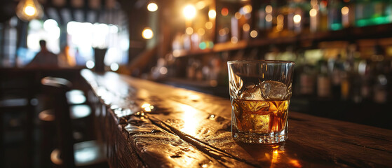 close up of a glass of whiskey with blurred Bartender and bar in the back with empty copy space