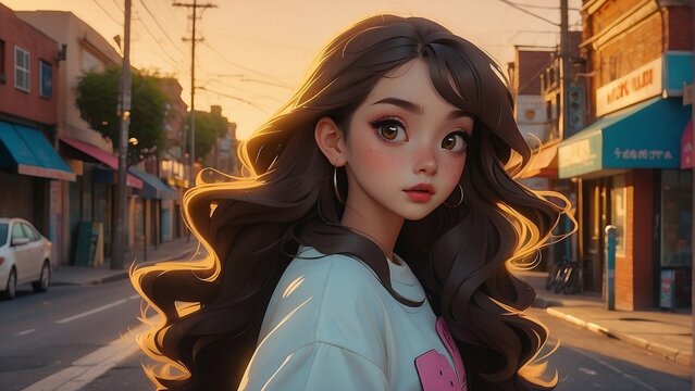 cartoon girl with long hair standing on a street, beautiful toon girl looking at the camera, 