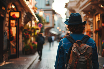A male traveler, viewed from behind, strolling through the historical streets of a city. Captures the essence of vacation travel.