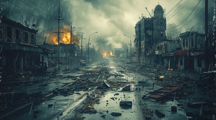 The devastated streets in the aftermath of the insurrection. Generative AI. - obrazy, fototapety, plakaty