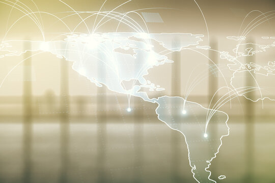 Double exposure of abstract digital world map hologram with connections on empty room interior background, big data and blockchain concept