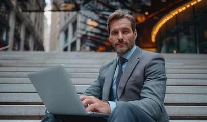 Businessman in a suit is sitting on steps next to Business Center and Working on a Laptop. Generative AI.