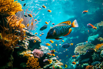 Vibrant underwater scenery showcasing a diverse array of sealife in a tropical ocean.





