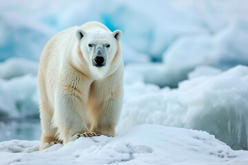 A panoramic scene featuring a polar bear standing in the wild during winter, surrounded by snow and ice.