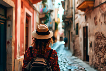 A female traveler seen from behind, exploring the historical streets of a city. Embodies the concept of vacation travel.