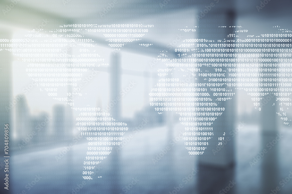 Poster multi exposure of abstract graphic world map on modern interior background, big data and networking 