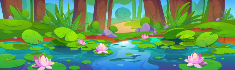 Fototapeta na wymiar Forest summer landscape with water lilies on lake surface. Cartoon vector jungle wetland scenery with green grass and bushes, tree trunks on shore of pond with pink lotus flowers and leaf pad.