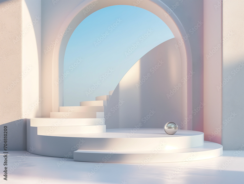 Poster 3d illustration of empty podium backdrop for product display. surreal architecture scene for merchan