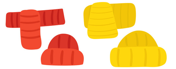 Collection of winter's wear. Scarfs and hats. Flat vector illustrations on white background.