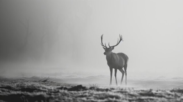  a black and white photo of a stag standing in a foggy field with its antlers in the foreground.