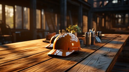 Two orange hard hats on a wooden table