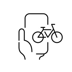 Bicycle rent app. Hand holding smartphone. Pixel perfect, editable stroke icon