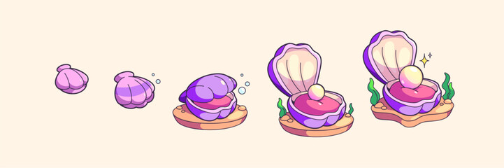 Sea shell with pearl growing and opening steps progress for game ui level rank evolution. Cartoon vector set of underwater creature cockle with pastel purple conch and ball gem on sand islands. - obrazy, fototapety, plakaty