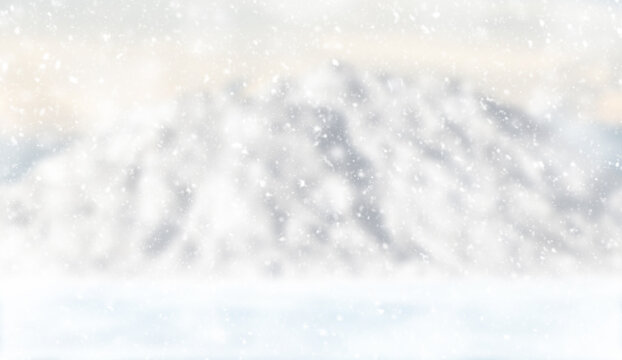 Winter background with heavy snowfall. Abstract snow among the mountains. Frosty snowy weather. An image with a blurred background.