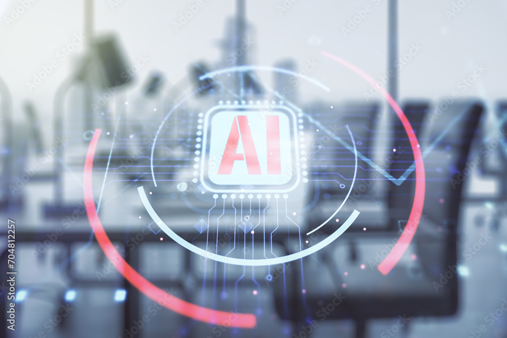 Poster creative artificial intelligence symbol hologram on a modern furnished classroom background. double 