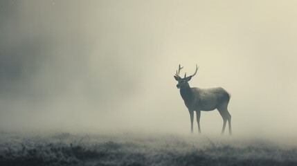  a deer standing in a foggy field with it's antlers in the foreground and the sky in the background.
