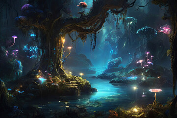 Enchanting Pandora night. Bioluminescent forest with glowing plants, creatures, woodsprites. Serene scene evoking an otherworldly landscape.