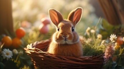 Fototapeta na wymiar Adorable and cute Bunny with Easter Eggs at green spring flower field in the morning sunrise.