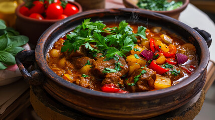 Chashushuli Traditional Georgian dish of veal, stewed with onions and peppers, the dish lies on an old wooden table, an idea for a menu design or a culinary blog